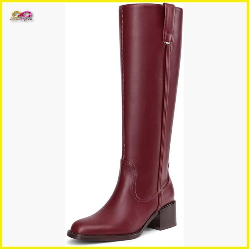 Knee High Boots Chunky Heel Round Toe Leather Patent Tall Boots Side Zipper